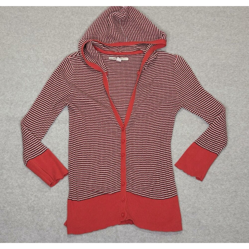 Vintage Old Navy Hooded Cardigan Women's Size M Knit Y2K Orange Red Striped Swtr